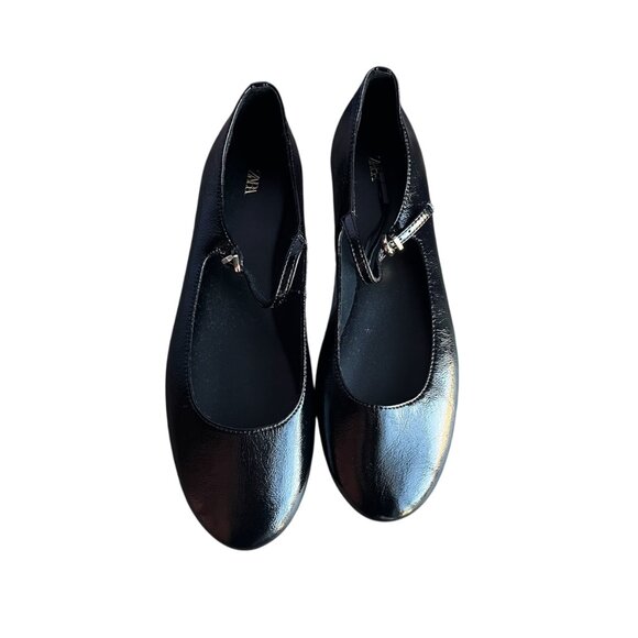 Zara Patent Mary Jane Ballet Flats Black Size 10 Strap & Buckle Round Toe Vegan - Picture 3 of 6
